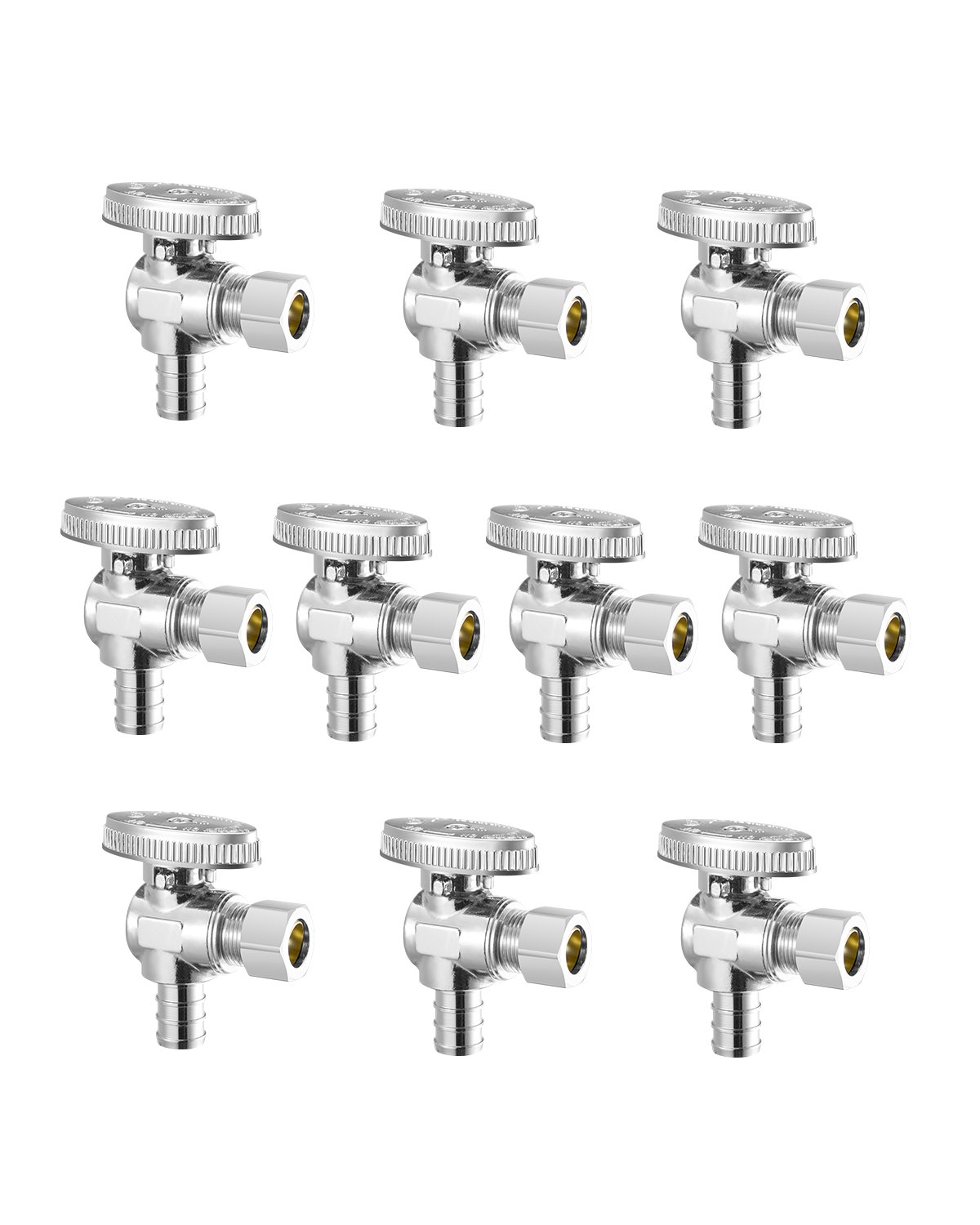 VEVOR 10 Pack Angle Stop Valve, Water Shut Off Valve 1/2" PEX x 3/8" OD Compression, 1/4 Turn Chrome Plated Brass Shutoff Valves for Bathroom Kitchen Toilet Shower Plumbing