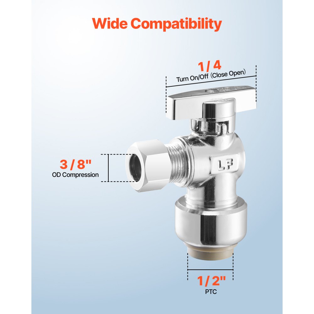 VEVOR 10 Pack Angle Stop Valve, Push-to-Connect Water Shut Off Valve 1/2" PTC x 3/8" OD Compression, 1/4 Turn Chrome Plated Brass Shutoff Valves for Copper, CPVC, PE-RT, PEX Pipe