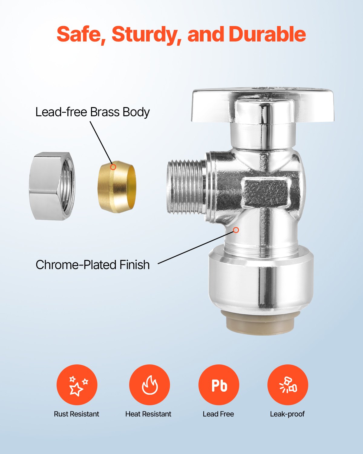 VEVOR 10 Pack Angle Stop Valve, Push-to-Connect Water Shut Off Valve 1/2" PTC x 3/8" OD Compression, 1/4 Turn Chrome Plated Brass Shutoff Valves for Copper, CPVC, PE-RT, PEX Pipe