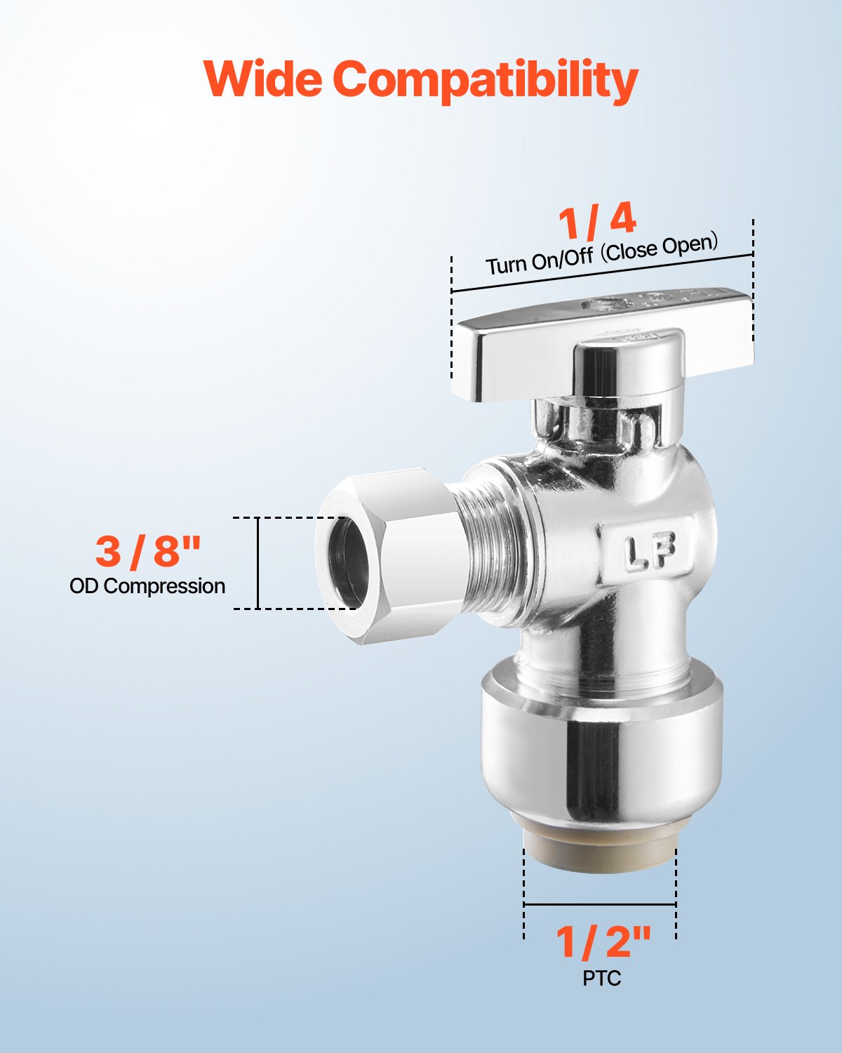 VEVOR 10 Pack Angle Stop Valve, Push-to-Connect Water Shut Off Valve 1/2" PTC x 3/8" OD Compression, 1/4 Turn Chrome Plated Brass Shutoff Valves for Copper, CPVC, PE-RT, PEX Pipe