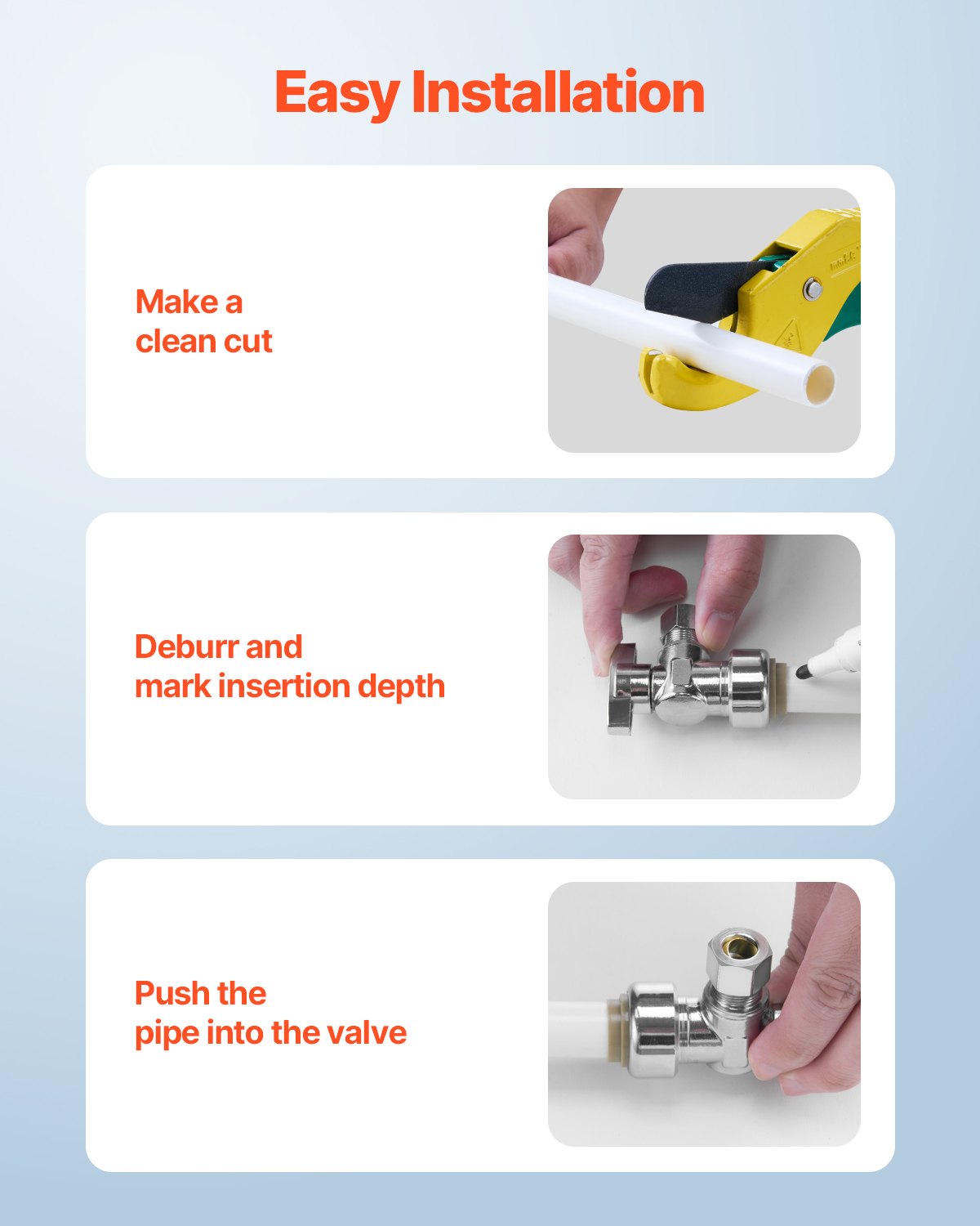 VEVOR 10 Pack Angle Stop Valve, Push-to-Connect Water Shut Off Valve 1/2" PTC x 3/8" OD Compression, 1/4 Turn Chrome Plated Brass Shutoff Valves for Copper, CPVC, PE-RT, PEX Pipe