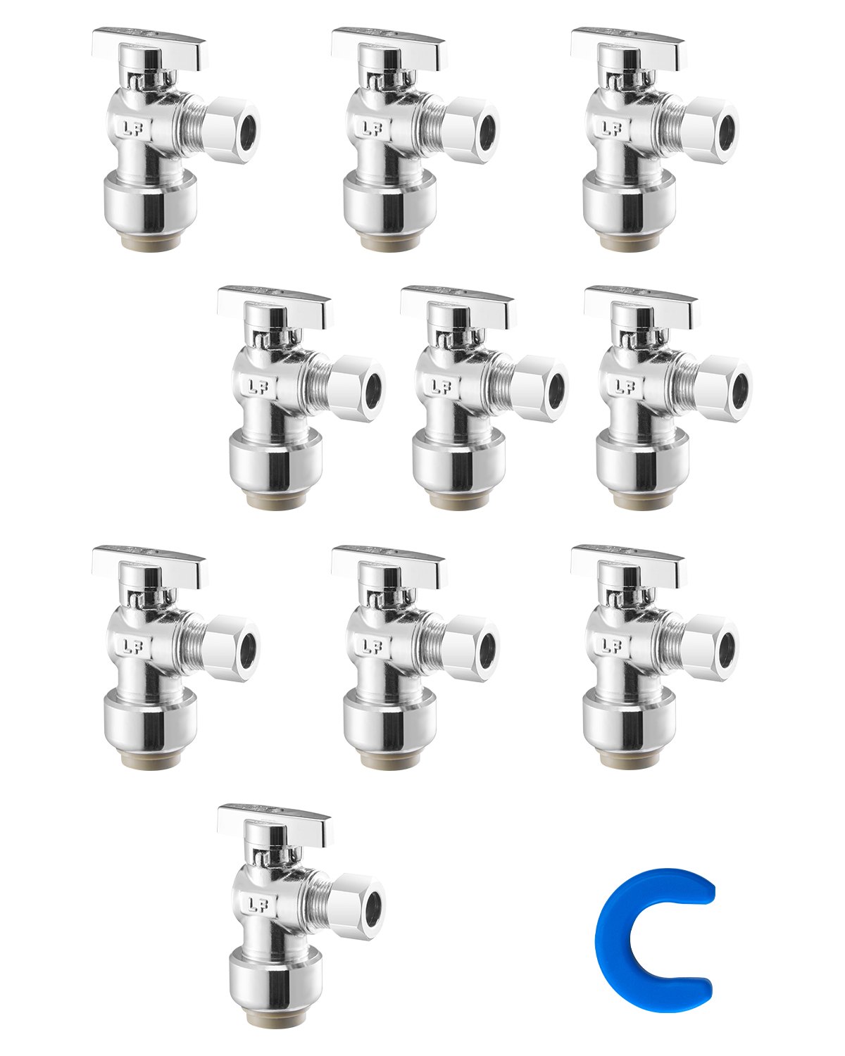 VEVOR 10 Pack Angle Stop Valve, Push-to-Connect Water Shut Off Valve 1/2" PTC x 3/8" OD Compression, 1/4 Turn Chrome Plated Brass Shutoff Valves for Copper, CPVC, PE-RT, PEX Pipe