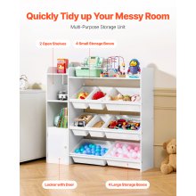 VEVOR Kids Toy Storage and Bookshelf, 4-Tier Toy Storage Organizer with 8 Flexible Plastic Bins, Kids Cubby Cabinet with Bookshelf for Study Room, Bedroom, Playroom, Classroom, Nursery, White