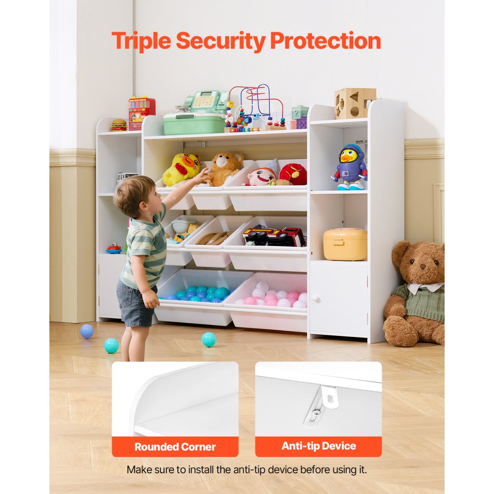 VEVOR Kids Toy Storage and Bookshelf, 4-Tier Large Toy Storage Organizer with 8 Flexible Plastic Bins, Kids Cubby Cabinet with Bookshelf for Study Room, Bedroom, Playroom, Classroom, Nursery, White