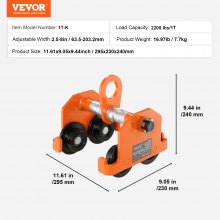 VEVOR Manual Trolley, 2200 lbs/1 Ton Load Capacity, Push Beam Trolley with Dual Wheels, Adjustable for I-Beam Flange Width 2.5" to 8", Heavy Duty Alloy Steel Garage Hoist for Straight Curved I Beam