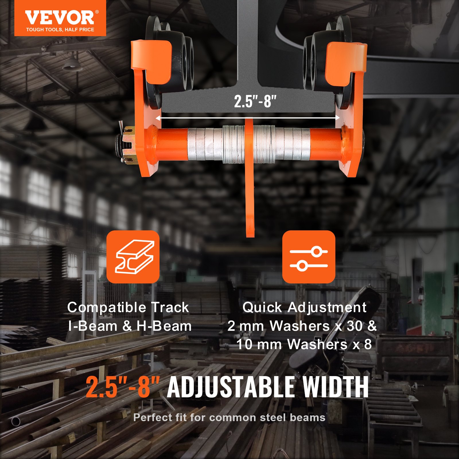 VEVOR käsikäyttöinen vaunu, 6600 lbs/3 tonnin kantavuus, työntöpalkkivaunu kaksoispyörillä, säädettävissä I-Beam-laipan leveydelle 2,5" - 8", Heavy Duty -seosteräksinen autotallinosturi suoralle kaarevalle I-palkille