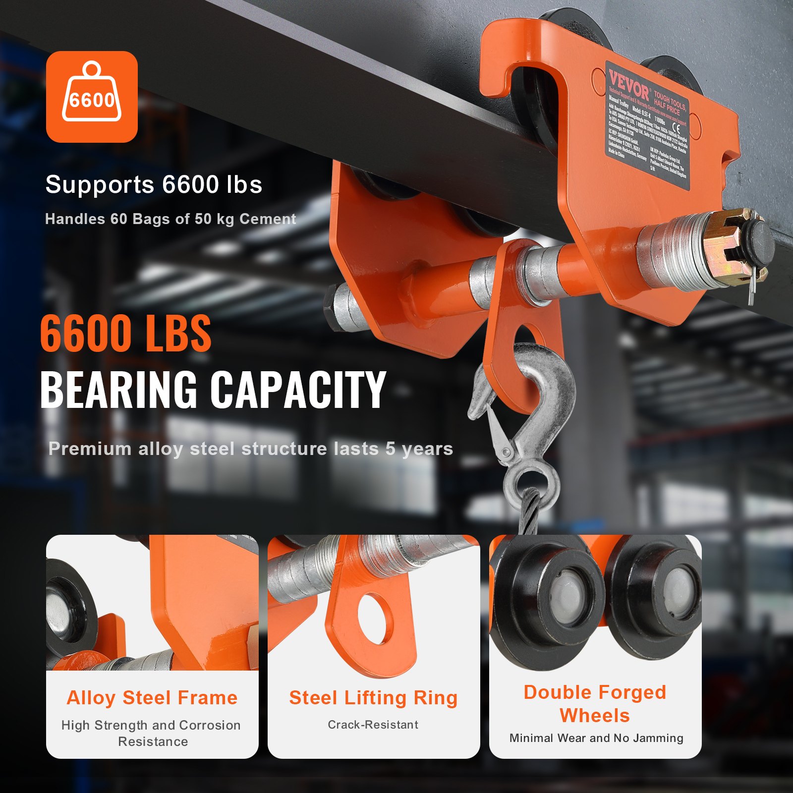 VEVOR käsikäyttöinen vaunu, 6600 lbs/3 tonnin kantavuus, työntöpalkkivaunu kaksoispyörillä, säädettävissä I-Beam-laipan leveydelle 2,5" - 8", Heavy Duty -seosteräksinen autotallinosturi suoralle kaarevalle I-palkille