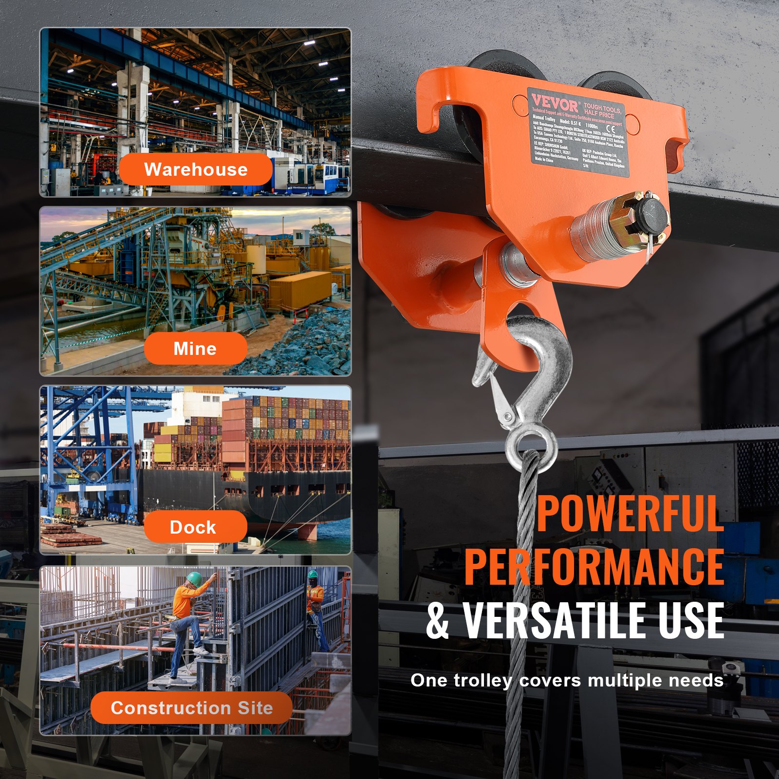 VEVOR käsikäyttöinen vaunu, 6600 lbs/3 tonnin kantavuus, työntöpalkkivaunu kaksoispyörillä, säädettävissä I-Beam-laipan leveydelle 2,5" - 8", Heavy Duty -seosteräksinen autotallinosturi suoralle kaarevalle I-palkille