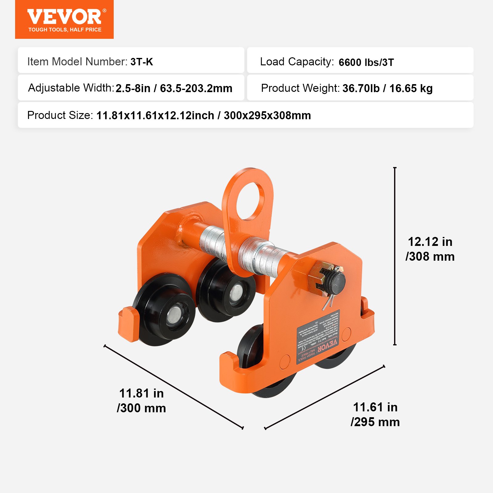 VEVOR käsikäyttöinen vaunu, 6600 lbs/3 tonnin kantavuus, työntöpalkkivaunu kaksoispyörillä, säädettävissä I-Beam-laipan leveydelle 2,5" - 8", Heavy Duty -seosteräksinen autotallinosturi suoralle kaarevalle I-palkille