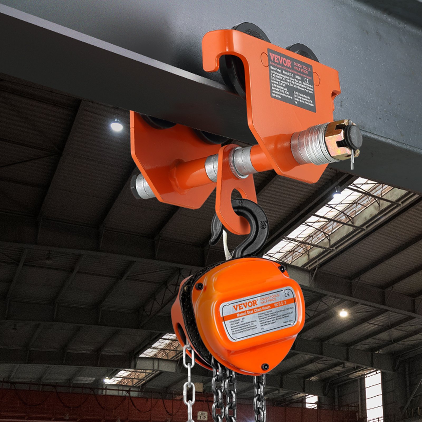 VEVOR käsikäyttöinen vaunu, 6600 lbs/3 tonnin kantavuus, työntöpalkkivaunu kaksoispyörillä, säädettävissä I-Beam-laipan leveydelle 2,5" - 8", Heavy Duty -seosteräksinen autotallinosturi suoralle kaarevalle I-palkille