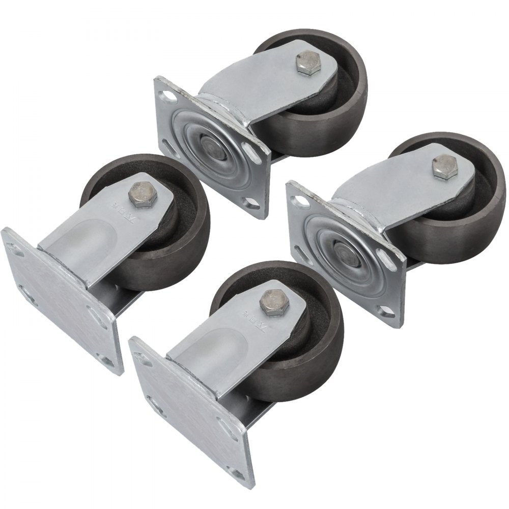 2 Rigid And 2 Swivel 4" Cast Iron Casters Dollies Freight Terminals Zinc Plating