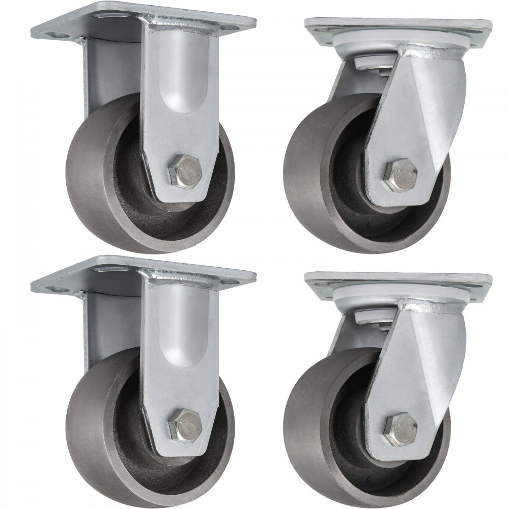 2 Rigid And 2 Swivel 4" Cast Iron Casters Dollies Freight Terminals Zinc Plating