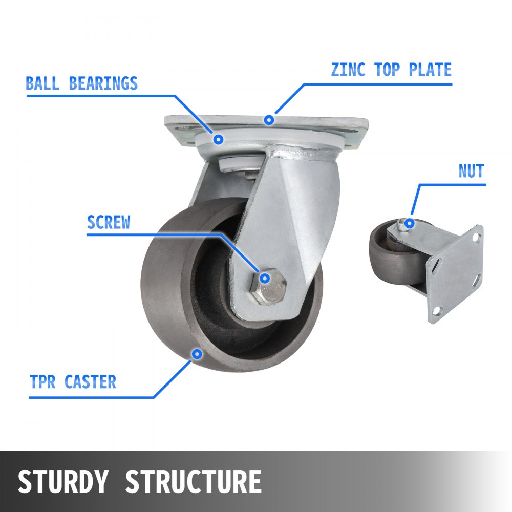 2 Rigid And 2 Swivel 4" Cast Iron Casters Dollies Freight Terminals Zinc Plating
