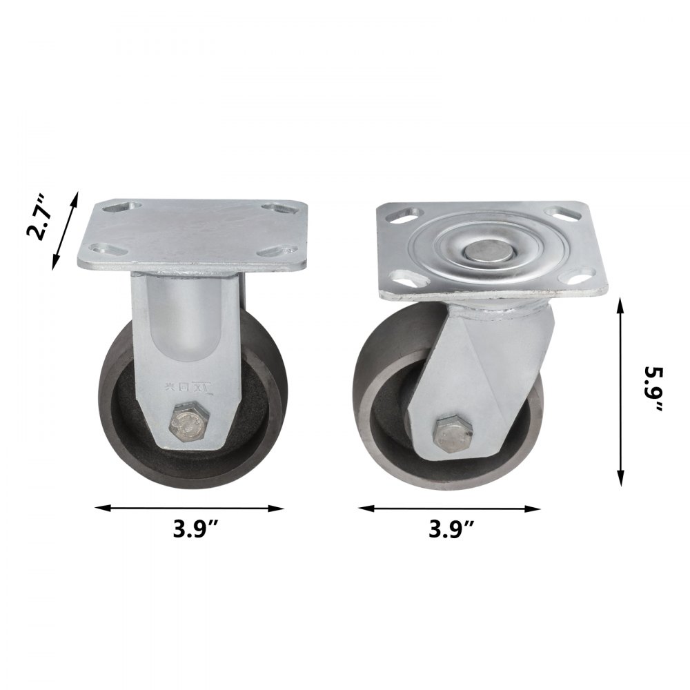 2 Rigid And 2 Swivel 4" Cast Iron Casters Dollies Freight Terminals Zinc Plating