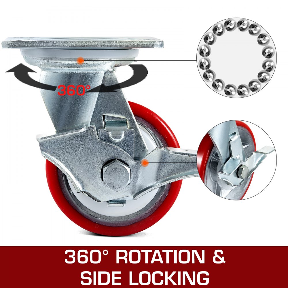 4" X 2" Polyurethane Swivel Caster With Side Brake Polyurethane Durable