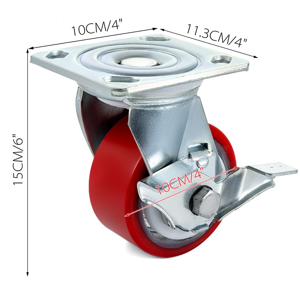 4" X 2" Polyurethane Swivel Caster With Side Brake Polyurethane Durable