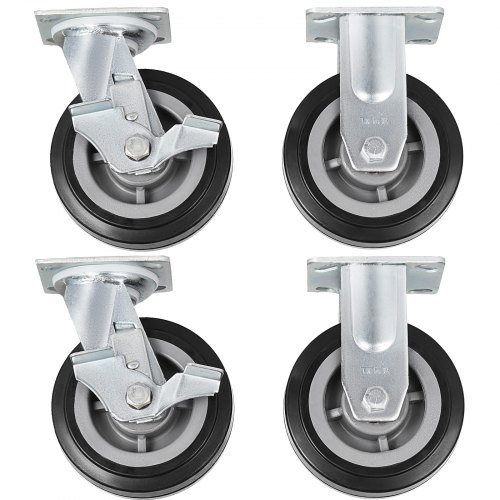4PCS Polyurethane Casters 2 Rigid and 2 Swivel w/Brake 6" Plate Casters Black