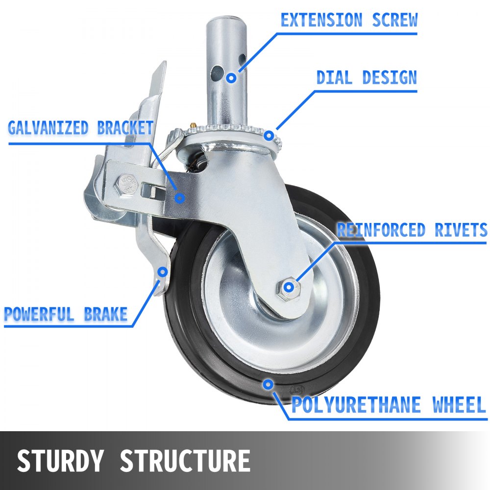 Scaffold Caster 8" X 2" 4 Pcs Black Pu Wheel Foot Brake 1100lbs