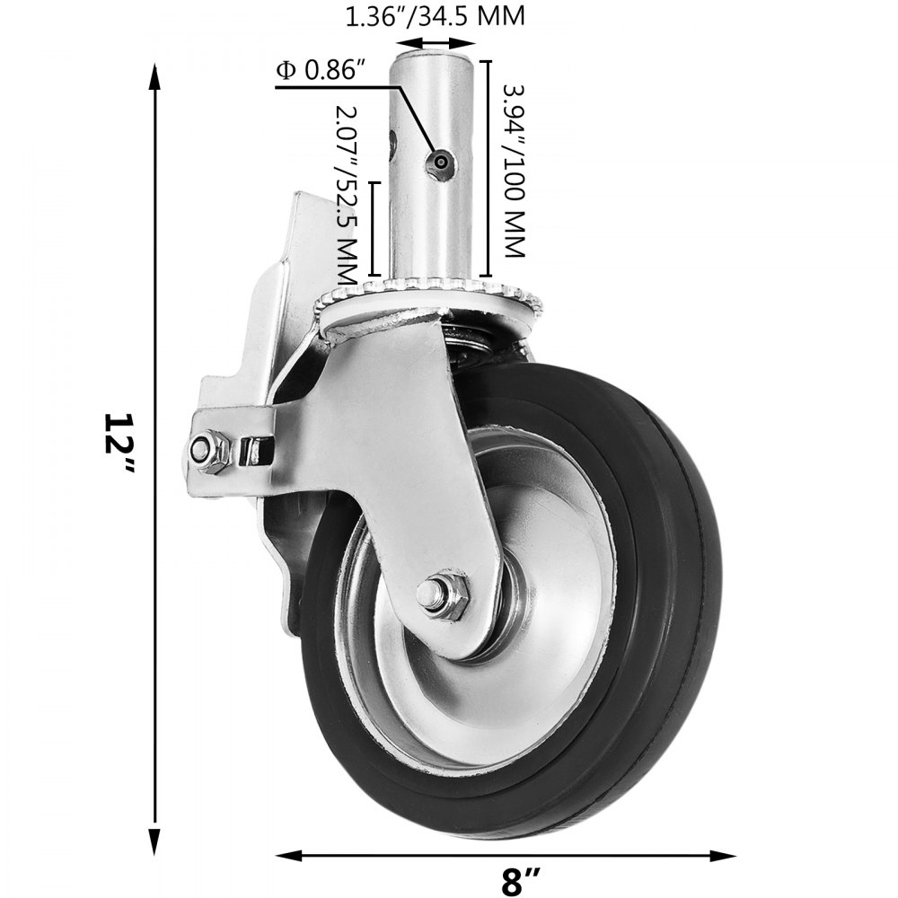 Scaffold Caster 8" X 2" 4 Pcs Black Pu Wheel Foot Brake 1100lbs
