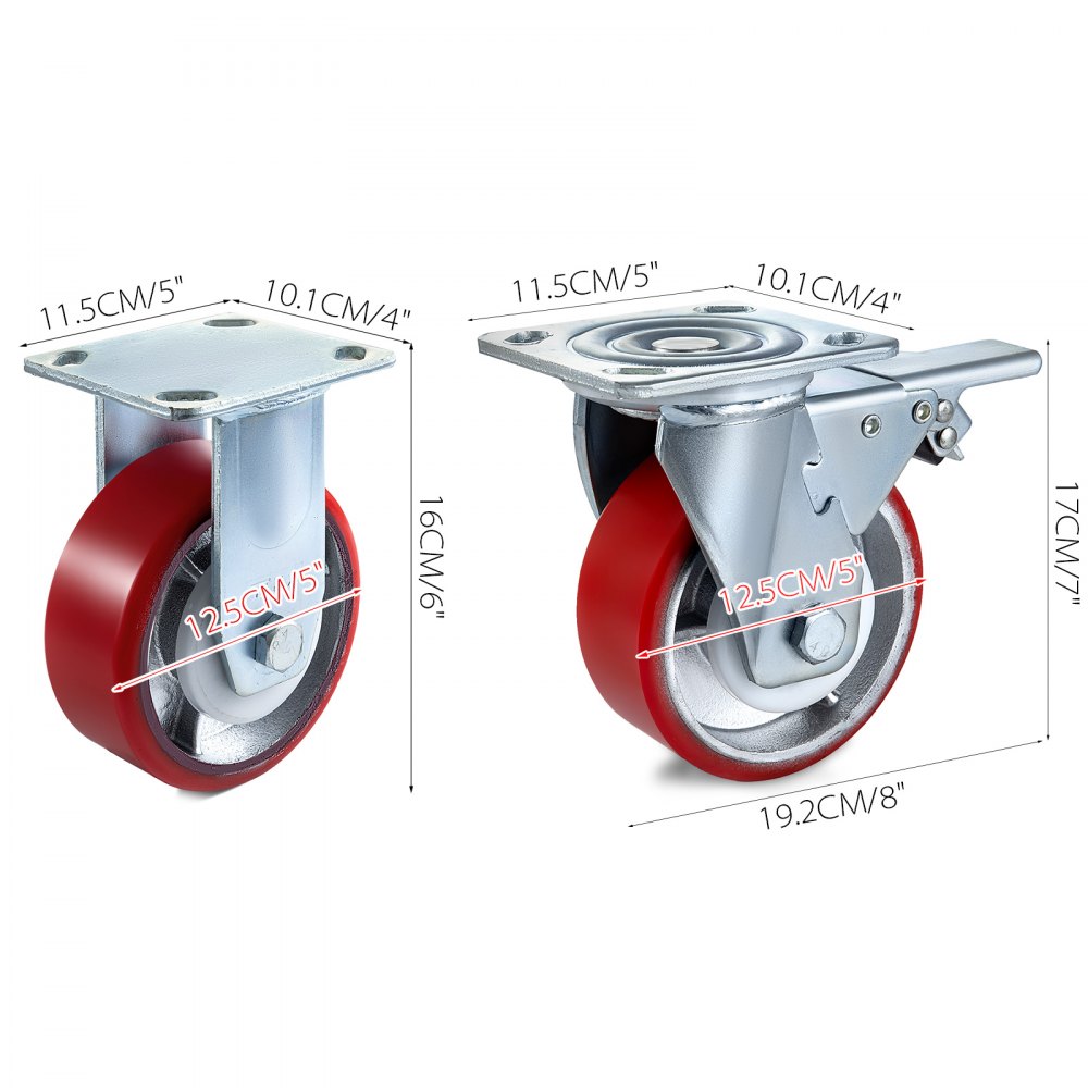 VEVOR 4 Pack 5 x 2 Inch Caster Wheels 2 Rigid and 2 Swivel Casters with Dual Locking Polyurethane Iron Core Plate 800LBS Capacity per Wheel