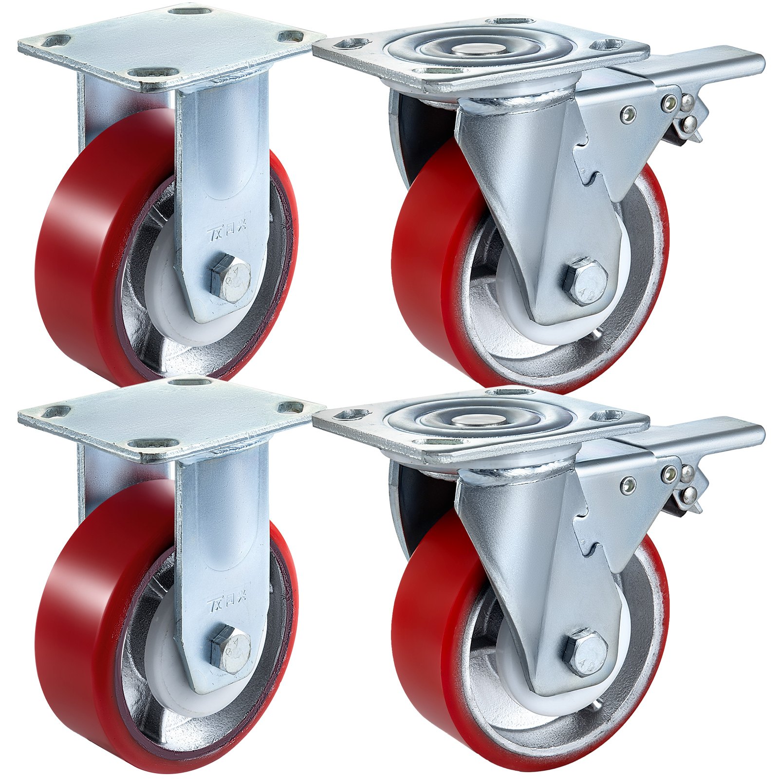 VEVOR 4 Pack 5 x 2 Inch Caster Wheels 2 Rigid and 2 Swivel Casters with Dual Locking Polyurethane Iron Core Plate 800LBS Capacity per Wheel
