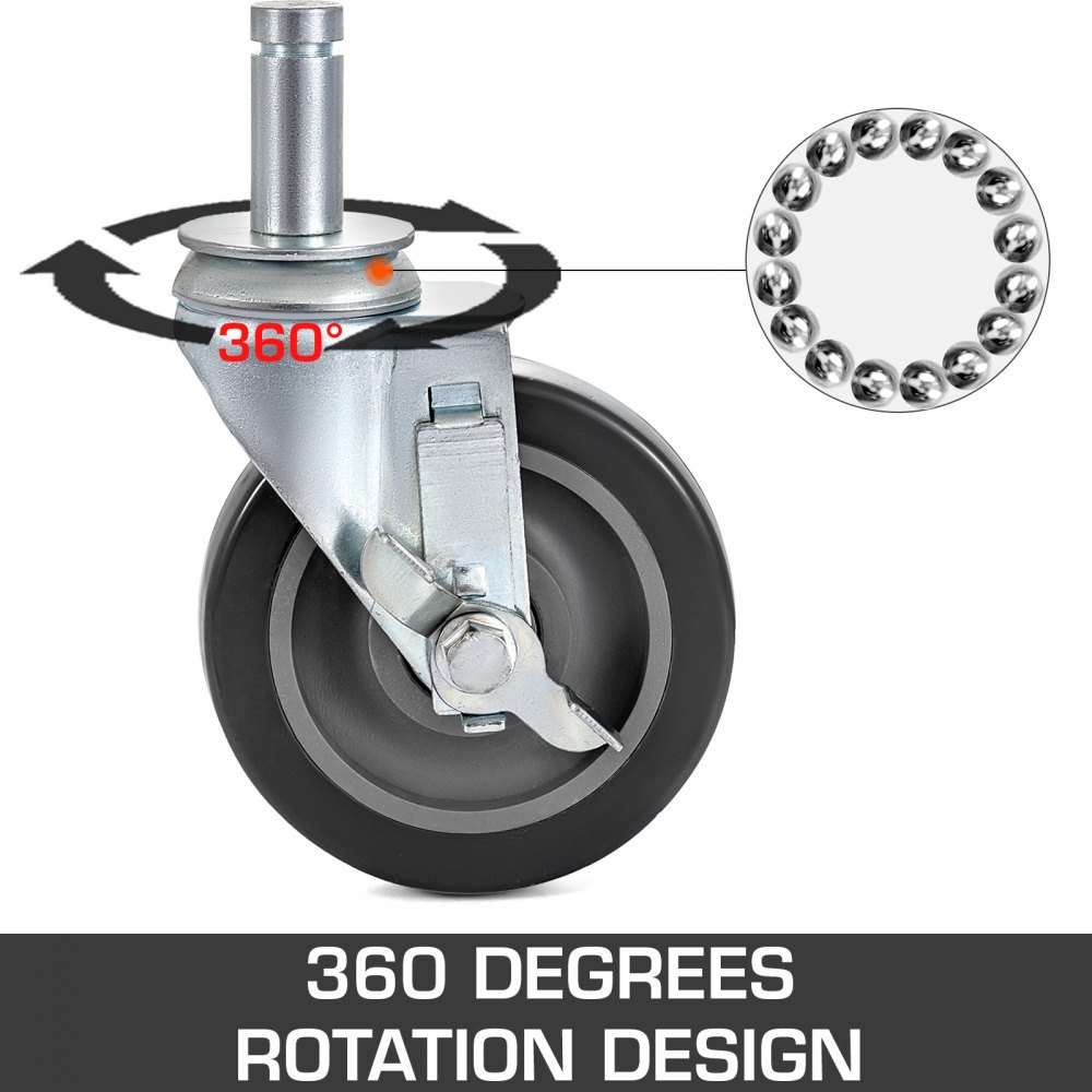 4 Pack 5" Heavy Duty Scaffolding Steel Core Polyurethane Swivel Casters With Side Brake 260LBS Capacity Per Wheel