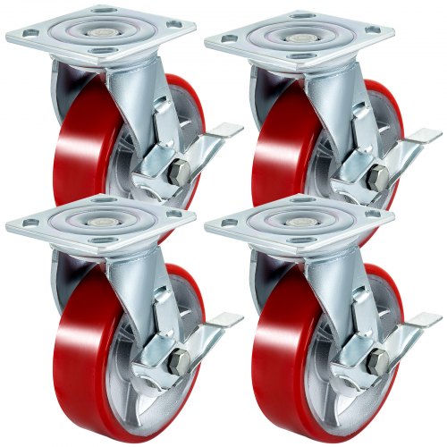 Rueda giratoria de poliuretano de 5" x 2" con placa superior de seguridad de freno lateral resistente