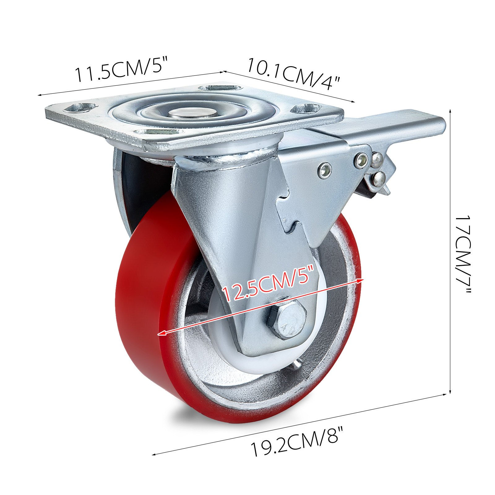 VEVOR - Juego de 4 ruedas giratorias de 5 x 2 pulgadas con doble bloqueo de poliuretano, ruedas giratorias de 360 grados, resistentes, placa de núcleo de hierro, capacidad de 800 libras por rueda