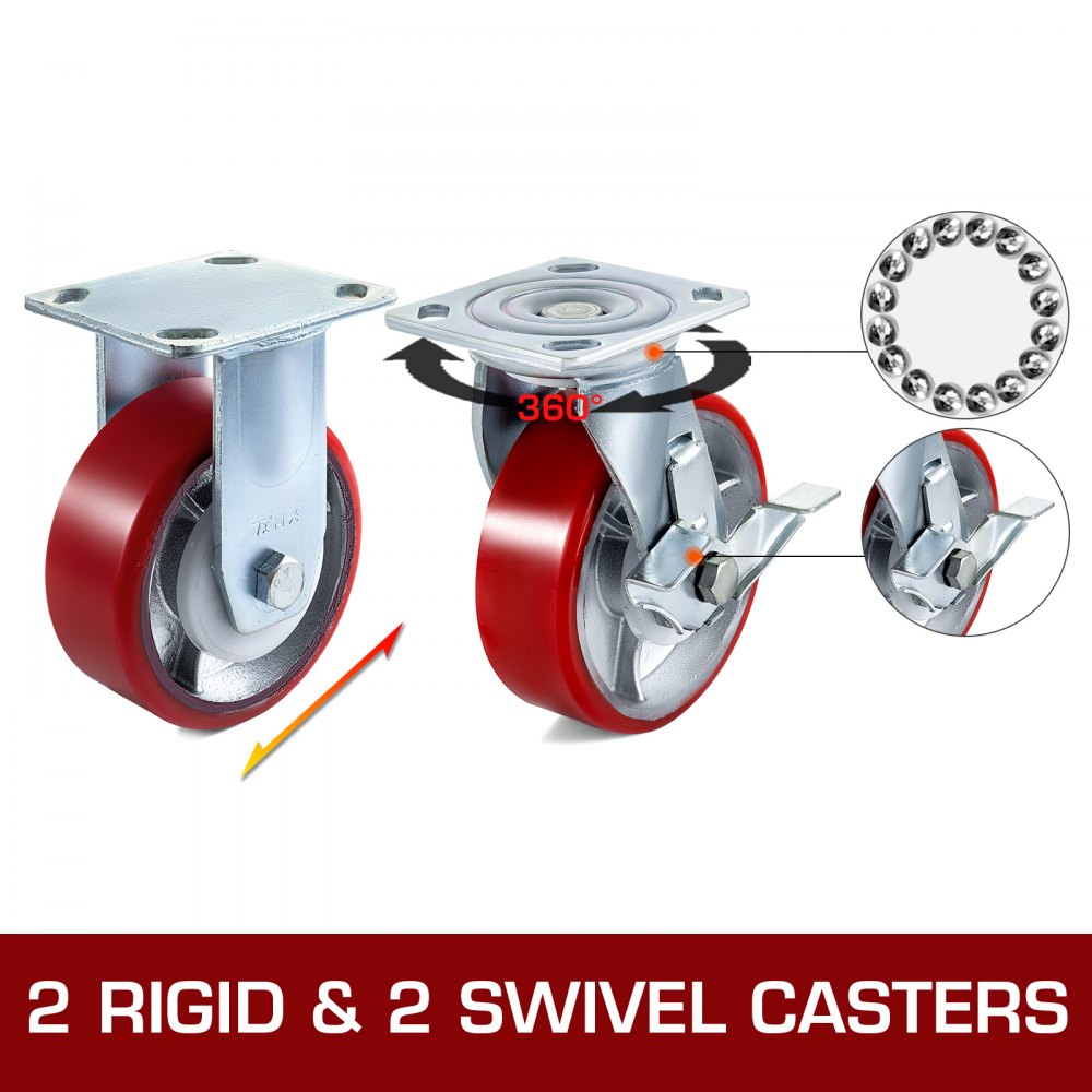 VEVOR 4 Pack 6 x 2 Inch Caster Wheels 2 Rigid and 2 Swivel Casters with Side Brake Polyurethane Iron Core Plate 1000LBS Capacity Per Wheel