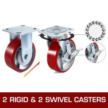 VEVOR 4 Pack Swivel Caster Polyurethane 6" x 2" on Steel Wheel Brake (2) Rigid (2)