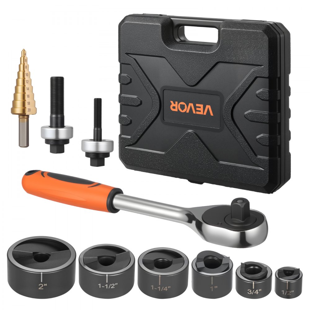 VEVOR Knockout Punch Set, 12.7 to 50.8mm SLUG-Buster Ratchet Knockout Set, Ratchet Wrench Knockouts Punch Sets for Aluminum, Mild steel, Fiberglass, Plastics, 6 Die Sizes, 40Cr Steel Ko Tool Kit