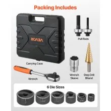 VEVOR Knockout Punch Set, 1/2 to 2 inch SLUG-Buster Ratchet Knockout Set, Ratchet Wrench Knockouts Punch Sets for Aluminum, Mild steel, Fiberglass, Plastics, 6 Die Sizes, 40Cr Steel Ko Tool Kit