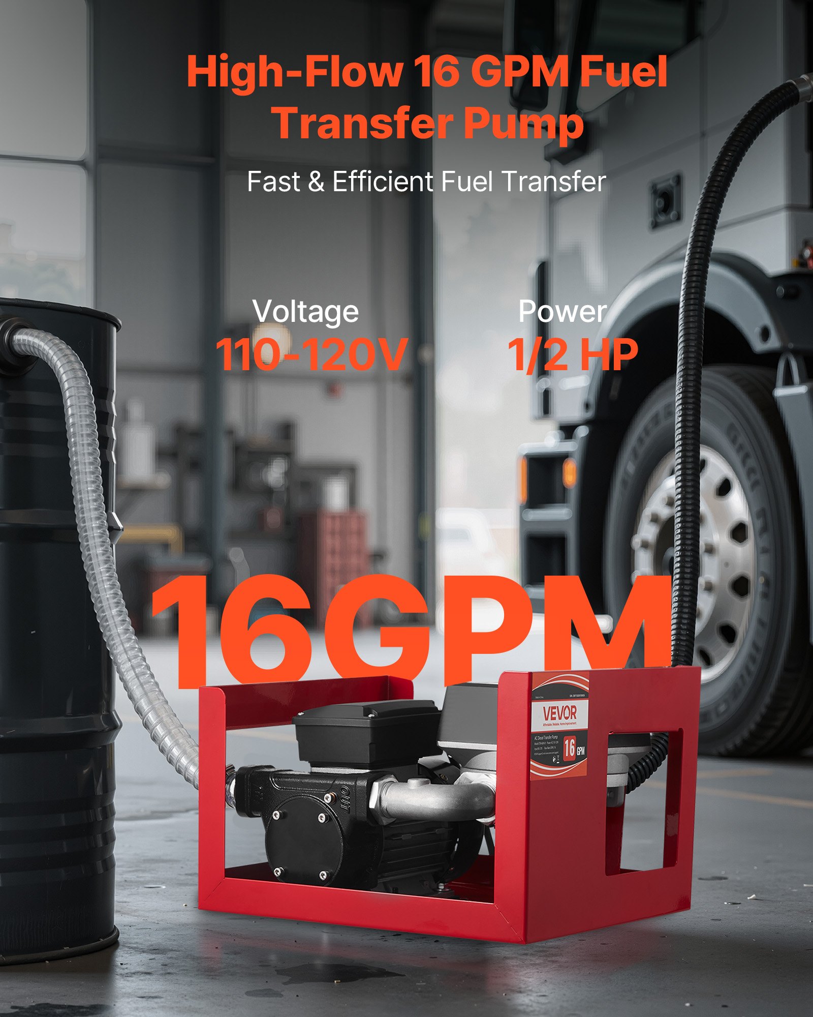 VEVOR Fuel Transfer Pump 110V, 16 GPM 60 L/min, AC Electric Oil Transfer Pump for Diesel Kerosene Biodiesel, with Meter, Auto Fuel Nozzle & 2 Hoses, 45 ft/13.7 m Lift, for Vehicles, Construction Sites