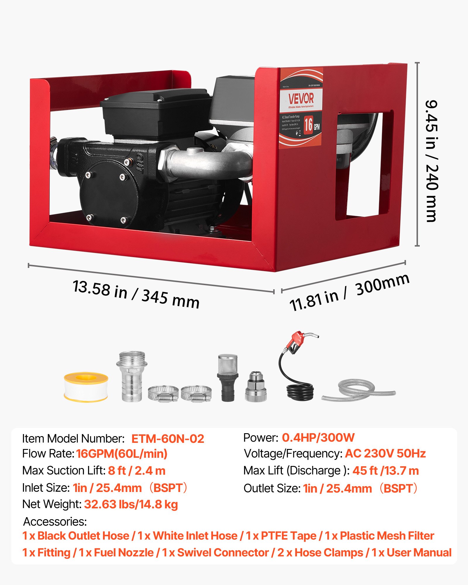 VEVOR Fuel Transfer Pump 230V, 16 GPM 60 L/min, AC Electric Oil Transfer Pump for Diesel Kerosene Biodiesel, with Meter, Auto Fuel Nozzle & 2 Hoses, 45 ft/13.7 m Lift, for Vehicles, Construction Sites