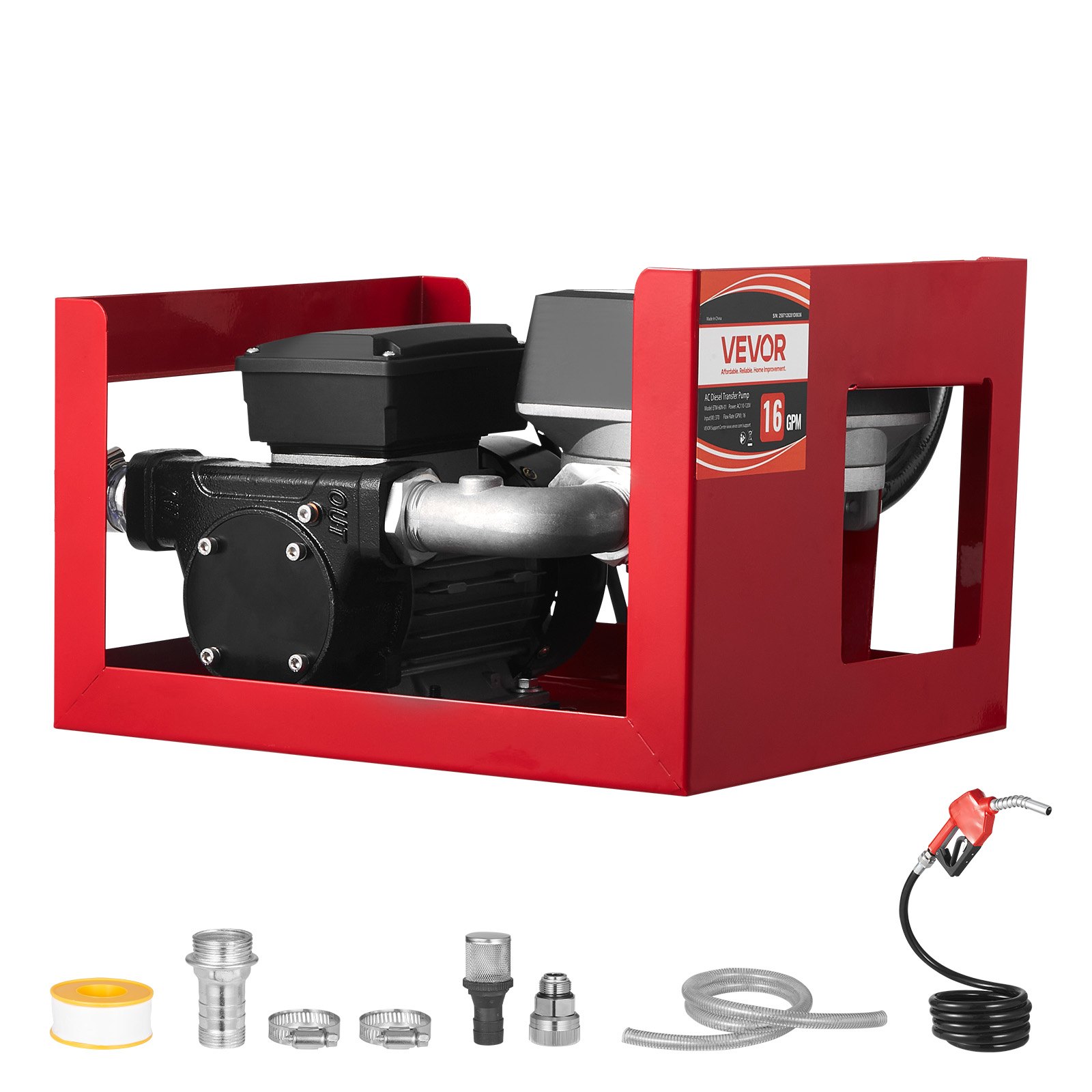 VEVOR Fuel Transfer Pump 230V, 16 GPM 60 L/min, AC Electric Oil Transfer Pump for Diesel Kerosene Biodiesel, with Meter, Auto Fuel Nozzle & 2 Hoses, 45 ft/13.7 m Lift, for Vehicles, Construction Sites