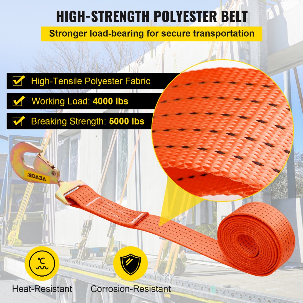 Correas de amarre con trinquete VEVOR, 2' x 15.6', resistentes, con ganchos a presión, carga de trabajo de 4000 lb, paquete de 4. Incluye 8 correas de eje para mover motocicletas, carga y uso diario.