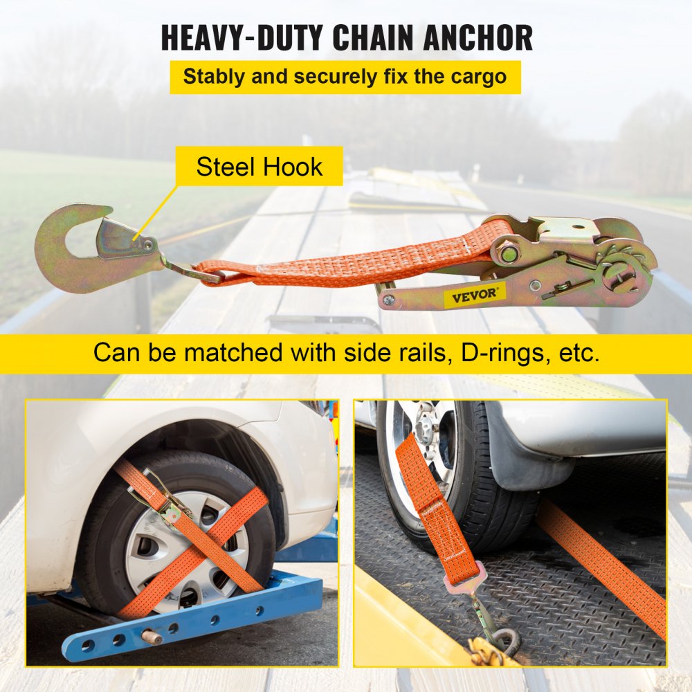 Correas de amarre con trinquete VEVOR, 2' x 15.6', resistentes, con ganchos a presión, carga de trabajo de 4000 lb, paquete de 4. Incluye 8 correas de eje para mover motocicletas, carga y uso diario.