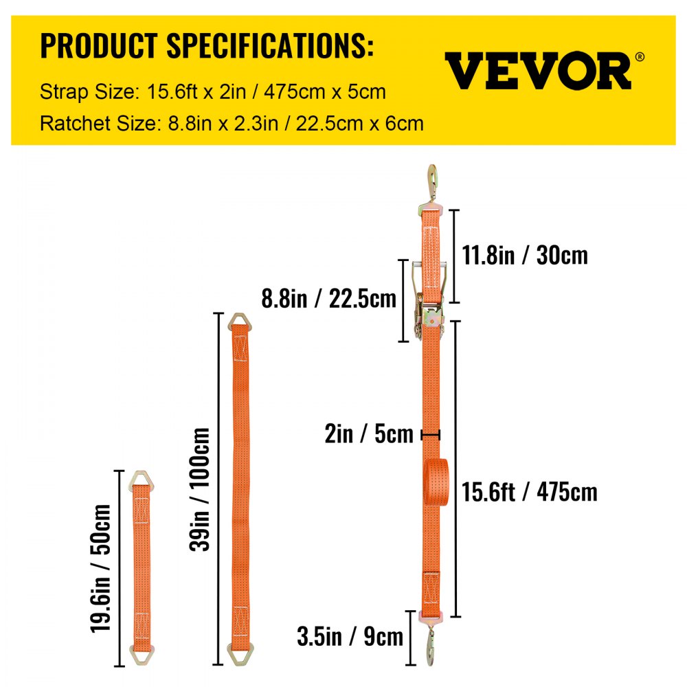 Correas de amarre con trinquete VEVOR, 2' x 15.6', resistentes, con ganchos a presión, carga de trabajo de 4000 lb, paquete de 4. Incluye 8 correas de eje para mover motocicletas, carga y uso diario.