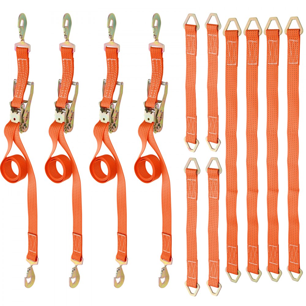 Correas de amarre con trinquete VEVOR, 2' x 15.6', resistentes, con ganchos a presión, carga de trabajo de 4000 lb, paquete de 4. Incluye 8 correas de eje para mover motocicletas, carga y uso diario.