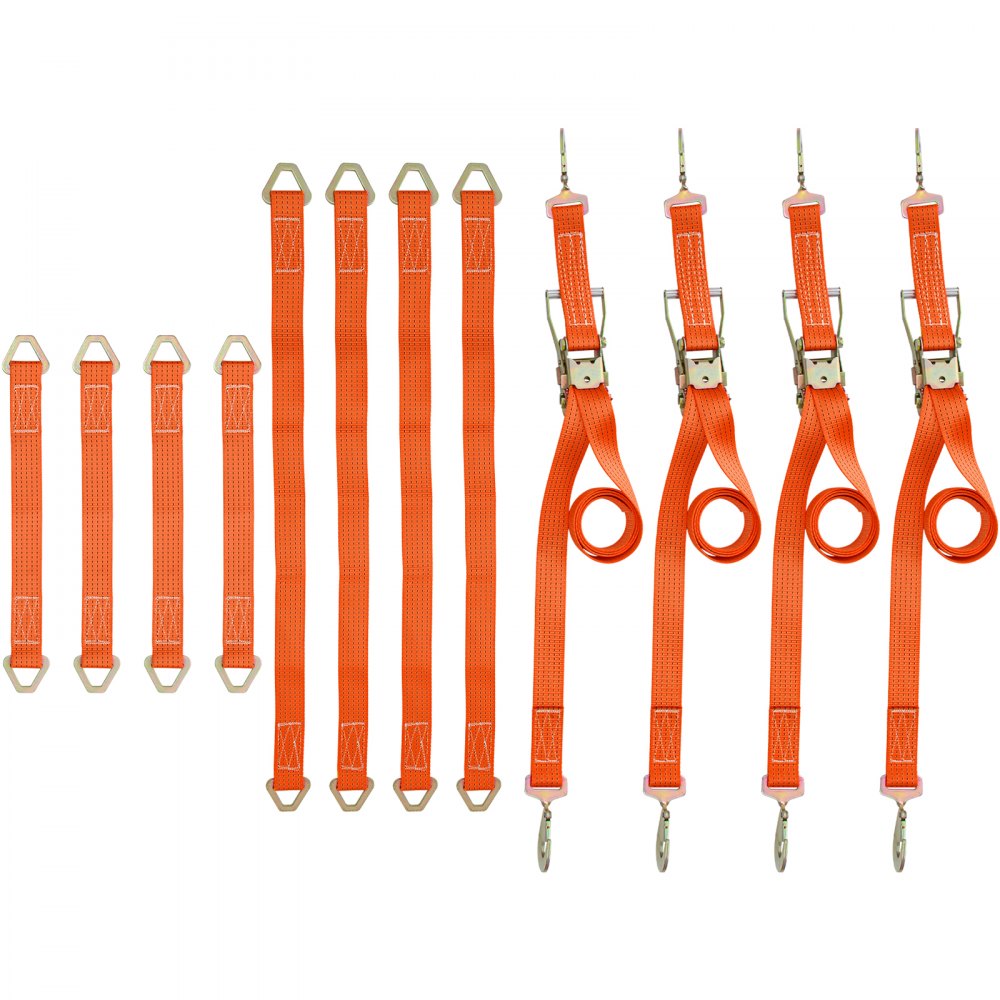 Correas de amarre con trinquete VEVOR, 2' x 15.6', resistentes, con ganchos a presión, carga de trabajo de 4000 lb, paquete de 4. Incluye 8 correas de eje para mover motocicletas, carga y uso diario.