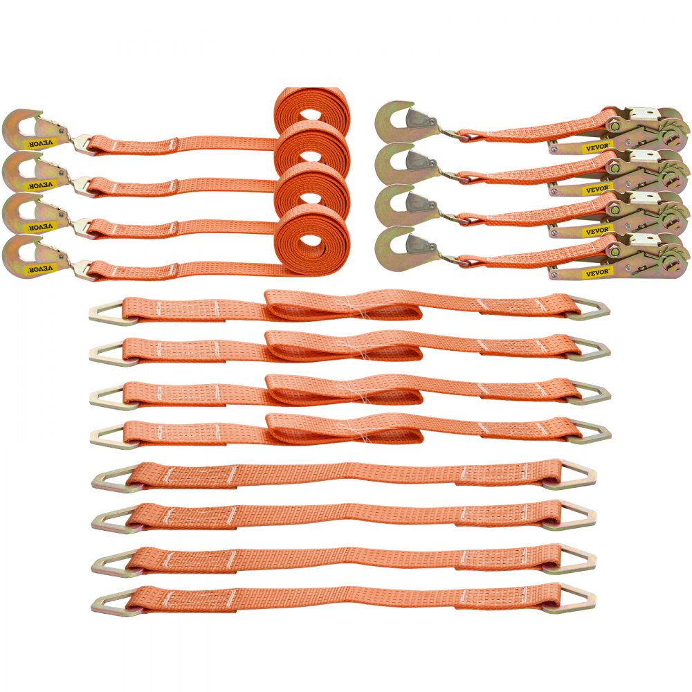 Correas de amarre con trinquete VEVOR, 2' x 15.6', resistentes, con ganchos a presión, carga de trabajo de 4000 lb, paquete de 4. Incluye 8 correas de eje para mover motocicletas, carga y uso diario.