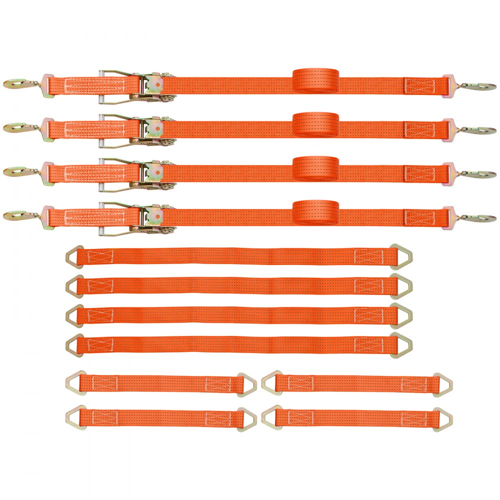Correas de amarre con trinquete VEVOR, 2' x 15.6', resistentes, con ganchos a presión, carga de trabajo de 4000 lb, paquete de 4. Incluye 8 correas de eje para mover motocicletas, carga y uso diario.