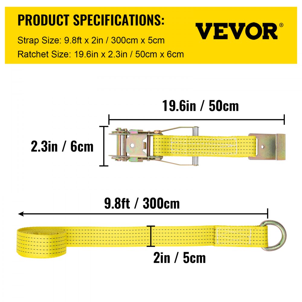 VEVOR Ratchet Tie Down Straps, 2'' x 9.8' Heavy Duty Ratchet Straps with Single Hook, 4000 lbs Working Load, 4 Pack Tie Down Set for Moving Motorcycle, Cargo & Daily Use