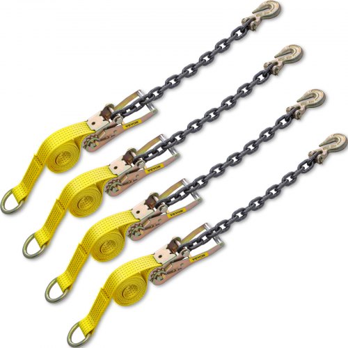 VEVOR Ratchet Tie Down Strap, 9.8Ft x 2in Polyester Ratchet Strap 4000 Lbs Working Load, 4 PCs Heavy Duty Car Strap Single Hook, Car Tie Down Strap with Chain Anchors, Security Fastening, Yellow