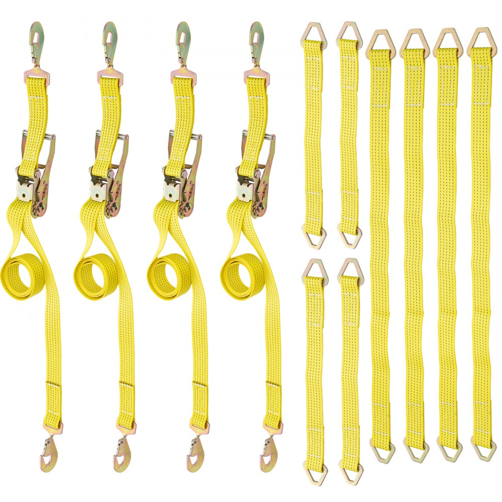 VEVOR Correas de amarre con trinquete, correas de trinquete resistentes de 2 x 15,6 pies con ganchos de presión, carga de trabajo de 4000 libras, juego de 4 amarres que incluyen 8 correas de eje para mover motocicletas, carga y uso diario