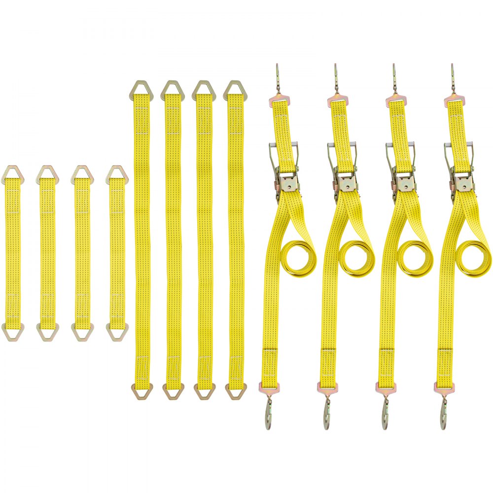 VEVOR Correas de amarre con trinquete, correas de trinquete resistentes de 2 x 15,6 pies con ganchos de presión, carga de trabajo de 4000 libras, juego de 4 amarres que incluyen 8 correas de eje para mover motocicletas, carga y uso diario