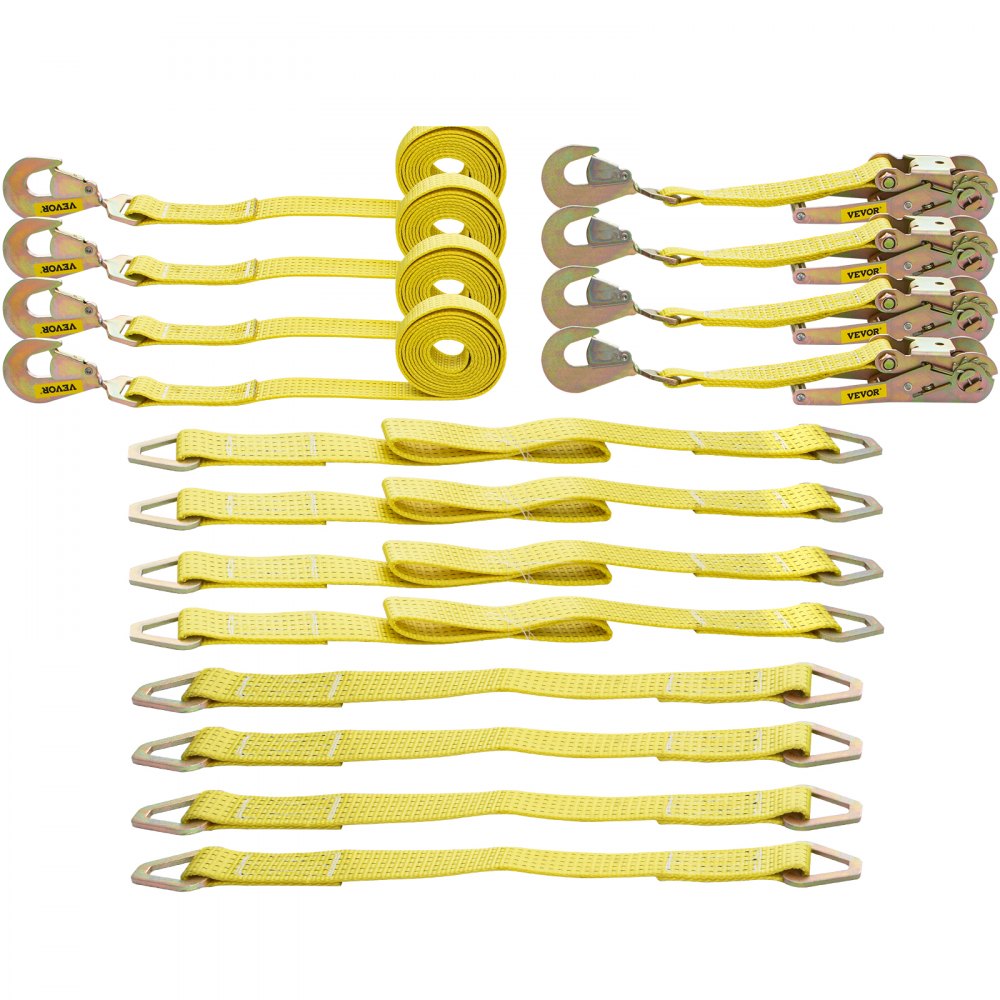 VEVOR Correas de amarre con trinquete, correas de trinquete resistentes de 2 x 15,6 pies con ganchos de presión, carga de trabajo de 4000 libras, juego de 4 amarres que incluyen 8 correas de eje para mover motocicletas, carga y uso diario