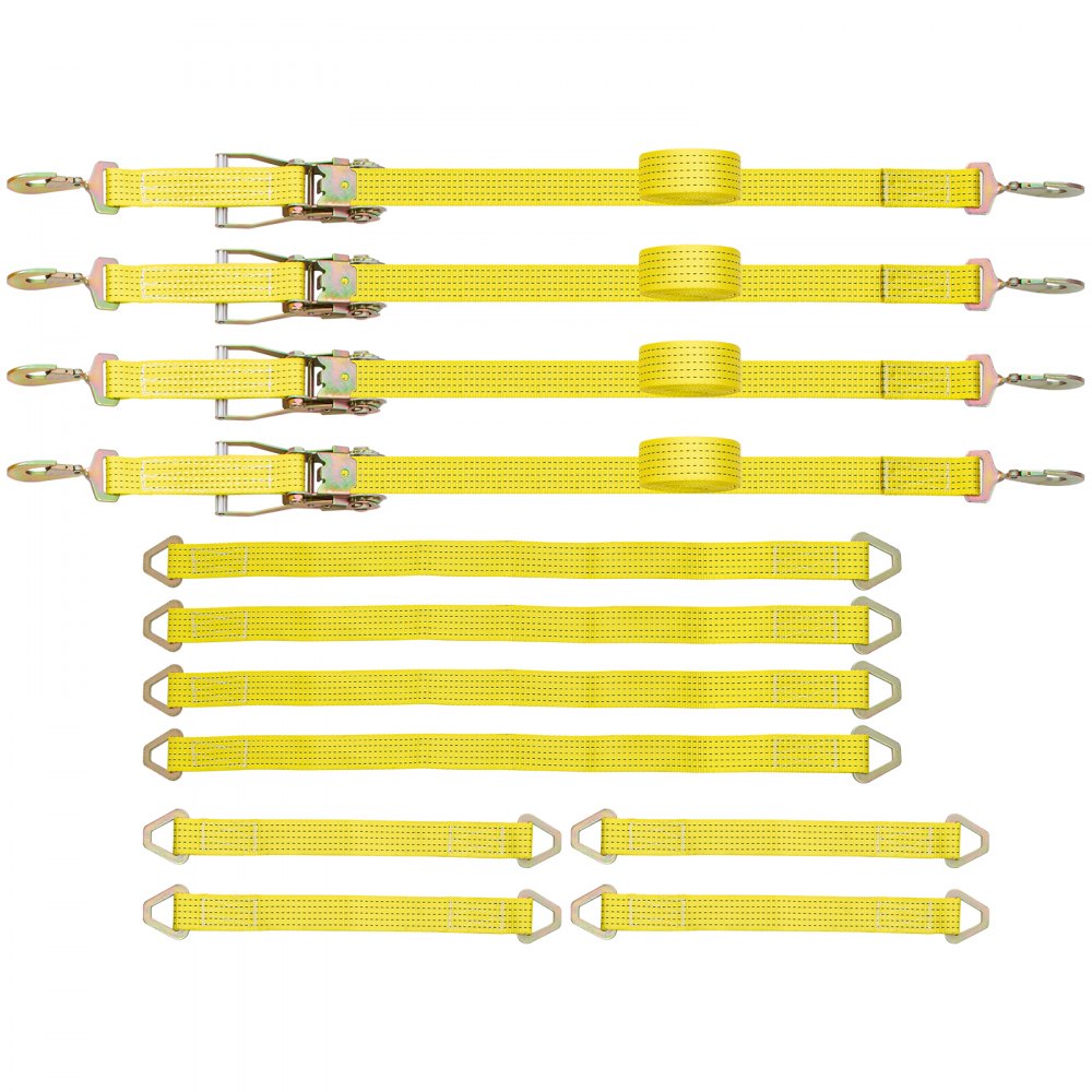 VEVOR Correas de amarre con trinquete, correas de trinquete resistentes de 2 x 15,6 pies con ganchos de presión, carga de trabajo de 4000 libras, juego de 4 amarres que incluyen 8 correas de eje para mover motocicletas, carga y uso diario