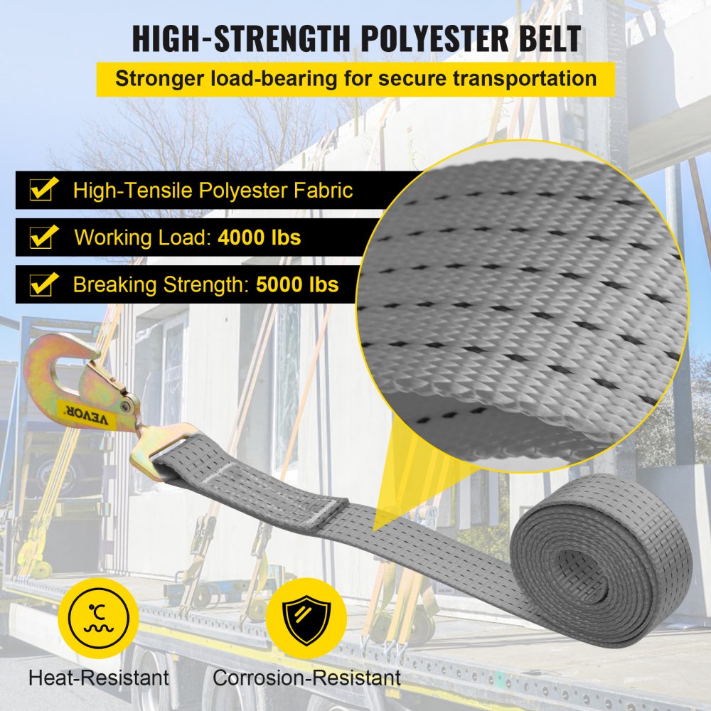 Correas de amarre con trinquete VEVOR, 2' x 15.6', resistentes, con ganchos a presión, carga de trabajo de 4000 lb, paquete de 4. Incluye 8 correas de eje para mover motocicletas, carga y uso diario.