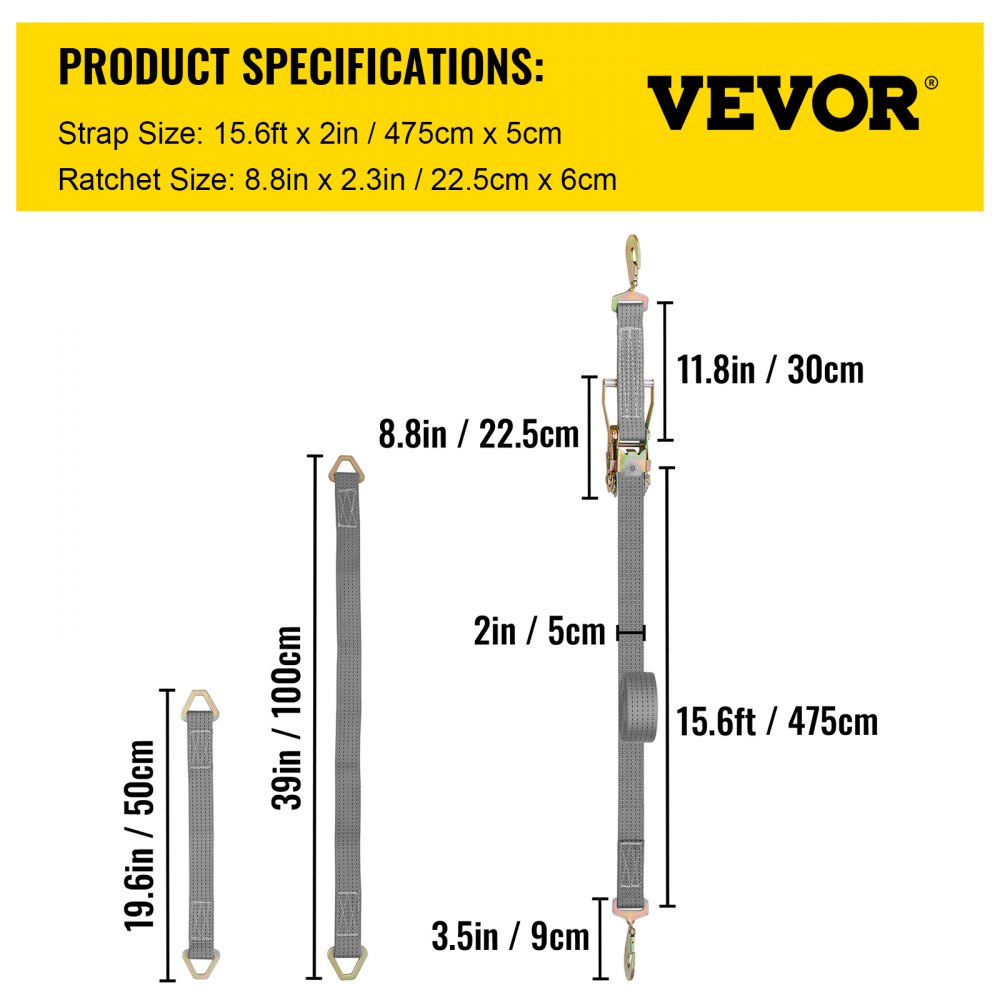 Correas de amarre con trinquete VEVOR, 2' x 15.6', resistentes, con ganchos a presión, carga de trabajo de 4000 lb, paquete de 4. Incluye 8 correas de eje para mover motocicletas, carga y uso diario.